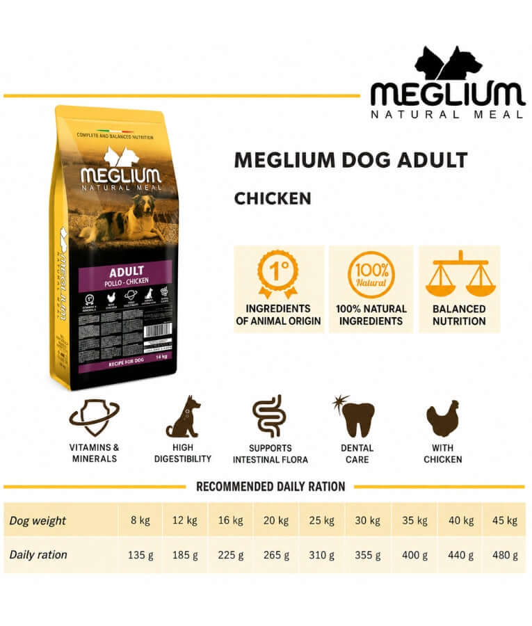 Meglium - Natural Meal With Chicken, Complete Balanced Nutrition, Adult, Dry Dog Food - 14kg