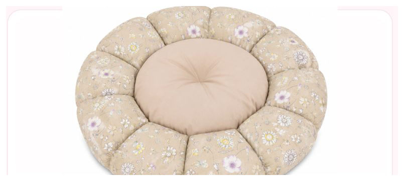 Pink Paw Round Bed in beige floral fabric