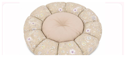 Pink Paw Round Bed in beige floral fabric