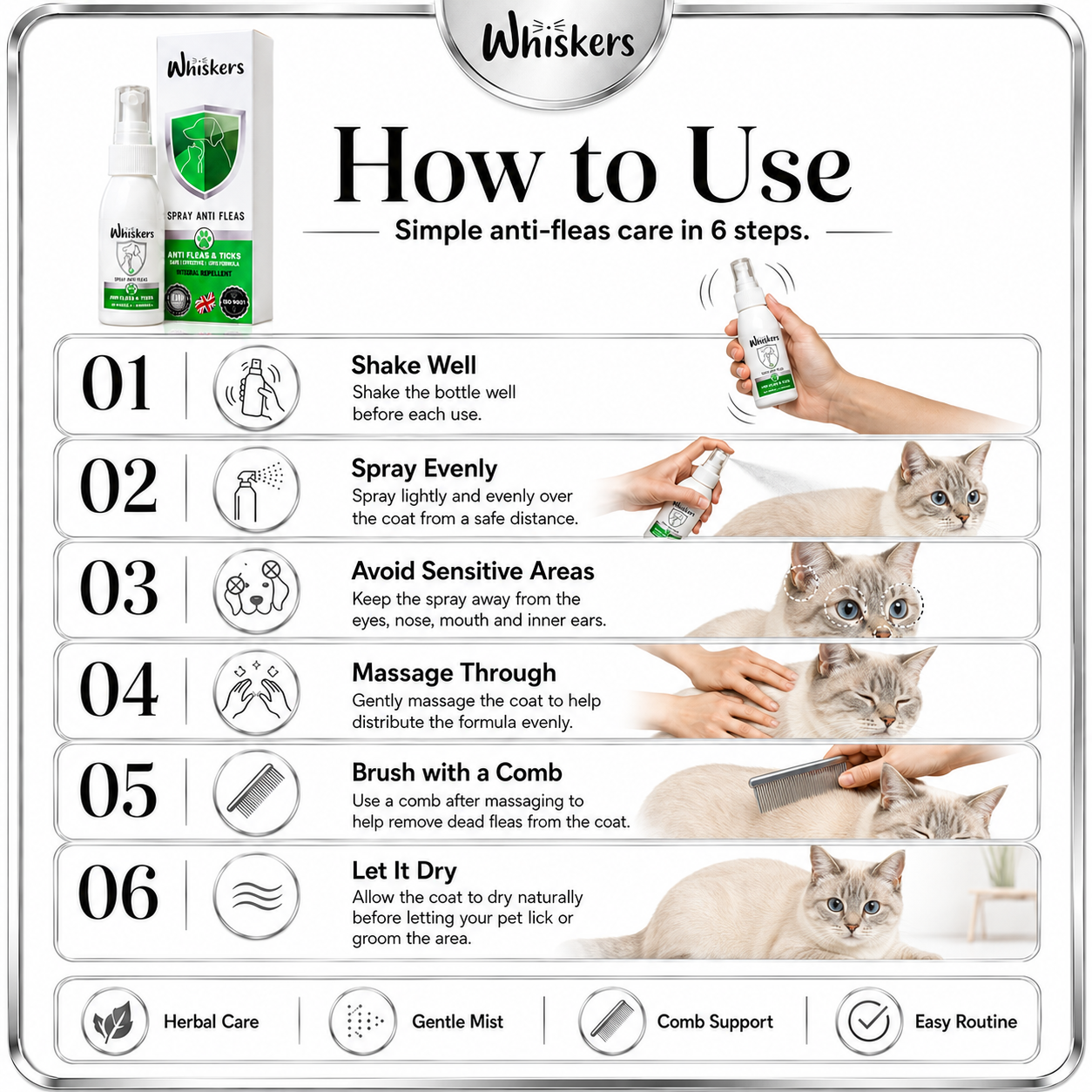 Whiskers Herbal Anti Fleas Spray for Dogs & Cats