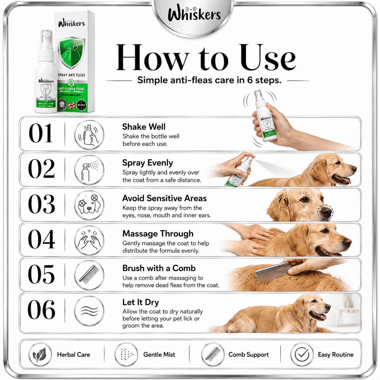 Whiskers Herbal Anti Fleas Spray for Dogs & Cats