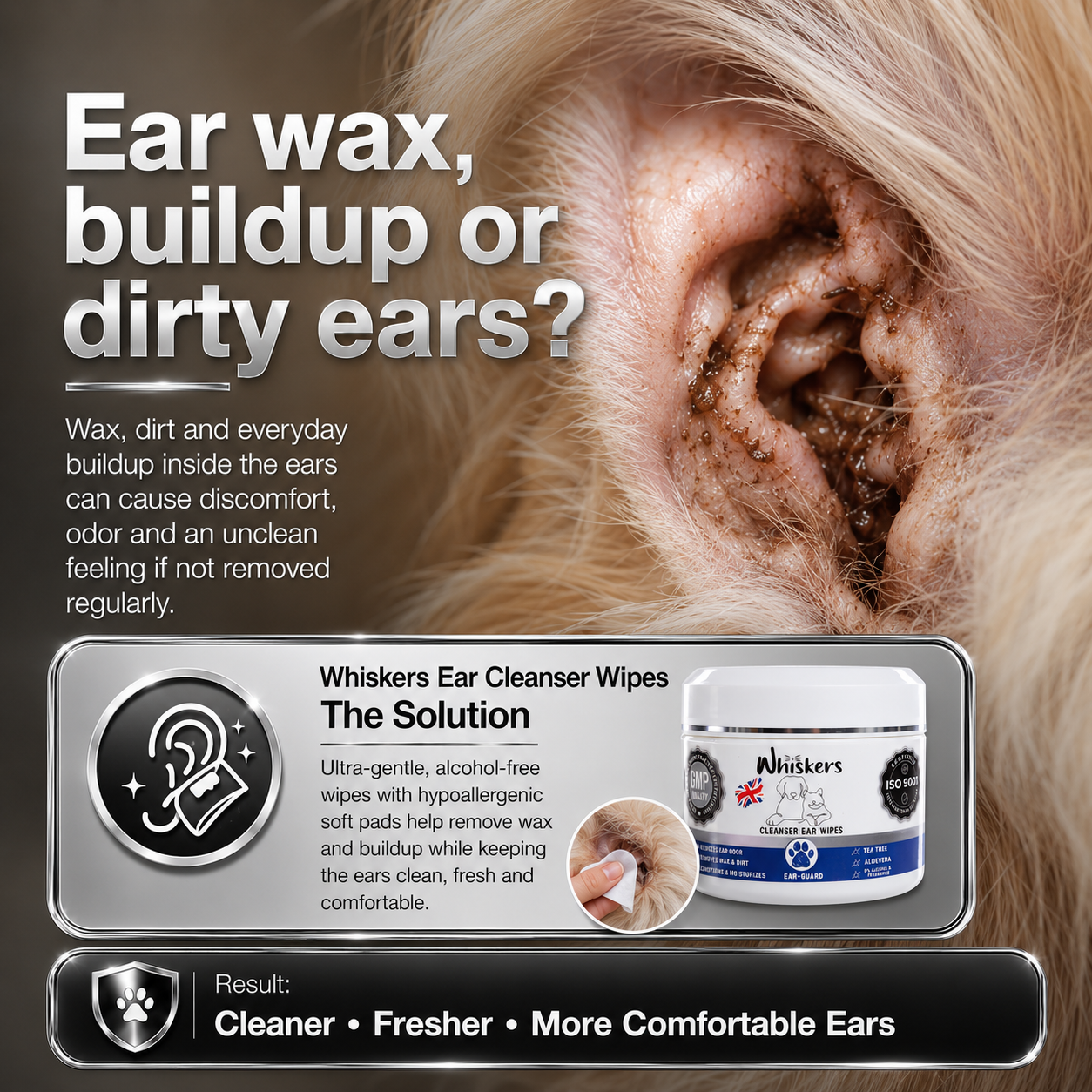 Whiskers Ear Cleanser Wipes for Dogs & Cats