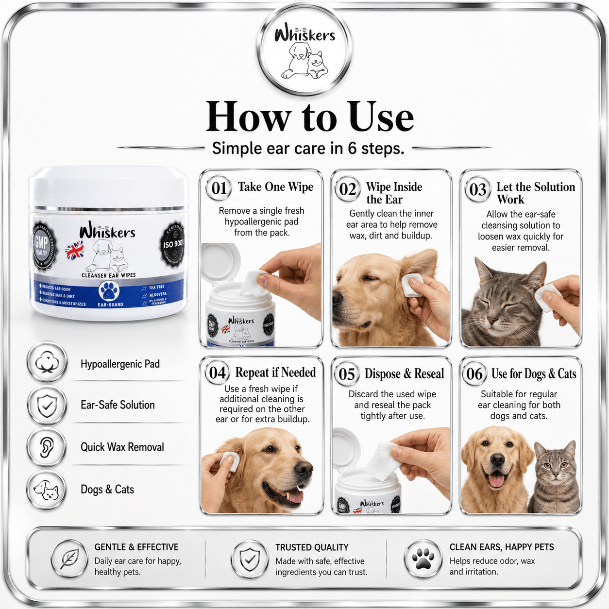 Whiskers Ear Cleanser Wipes for Dogs & Cats