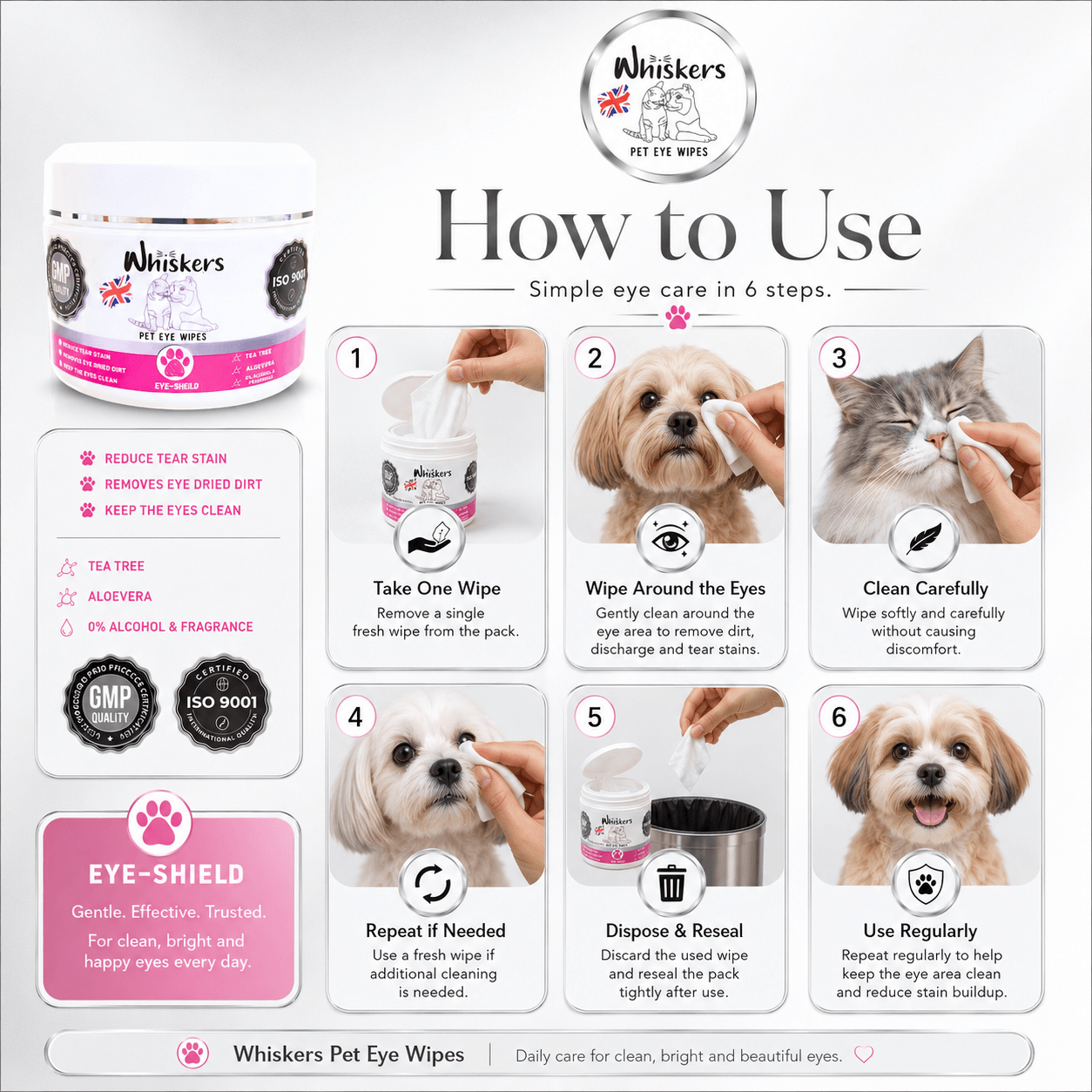 Whiskers Eye Wipes – Tear Stain Care for Dogs & Cats
