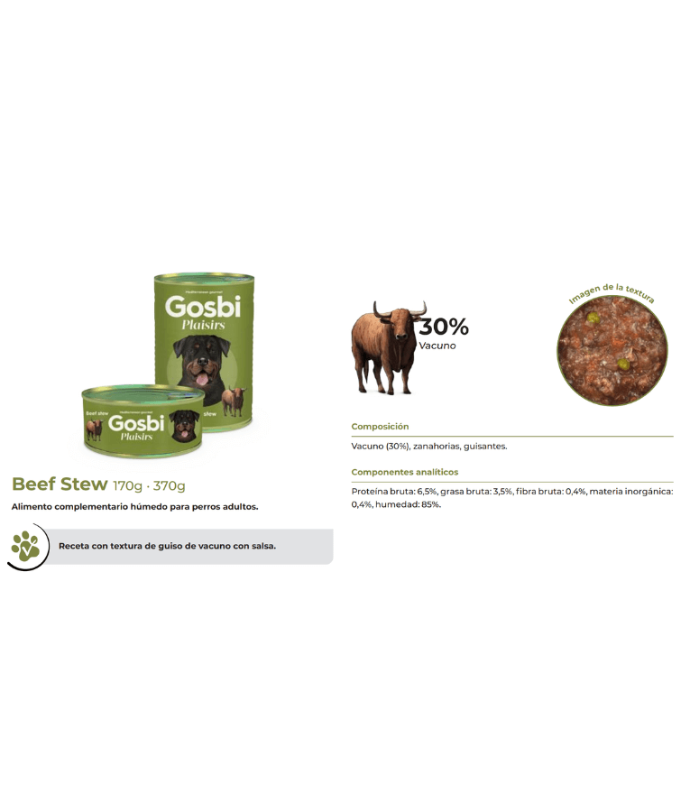 Gosbi - Plaisirs, Grain Free Beef Stew Adult Complementary Wet Dog Food - Hypoallergenic, Monoprotein, Weight Control 170g-370g