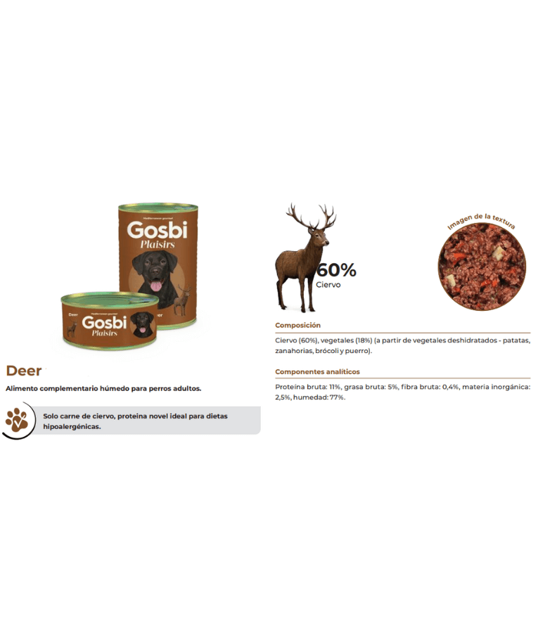 Gosbi - Plaisirs, Grain-Free Deer Complementary Wet Dog Food, Hypoallergenic, Monoprotein, All-Natural For Puppies & Adult Dogs - 150 g