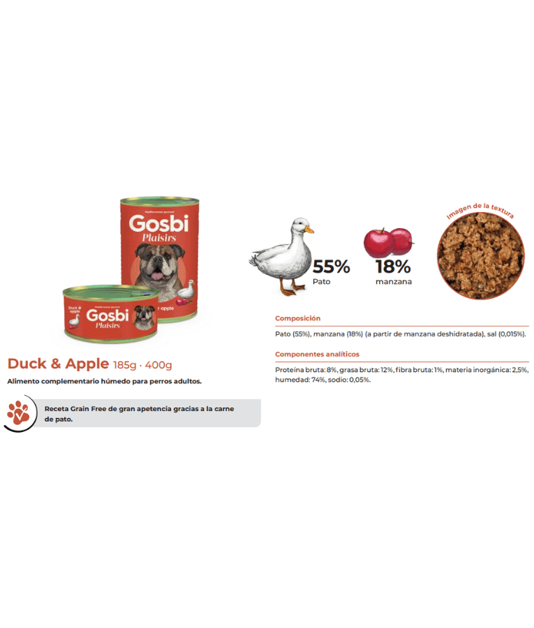 Gosbi - Plaisirs, Grain-Free Duck & Apple Adult Complementary Wet Dog Food, High EnergyContent, All-Natural For Active Dogs 150g-400g