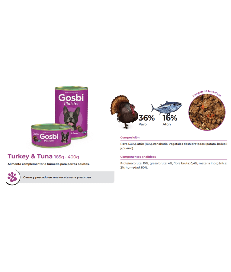 Gosbi - Plaisirs, Grain-Free Turkey & Tuna Adult Complementary Wet Dog Food, Weight Control 150g-400g