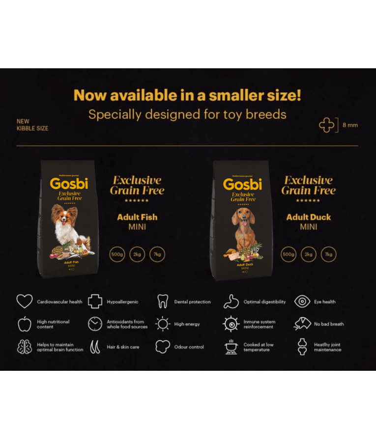 Gosbi - Exclusive Grain Free, Hypoallergenic, Duck Adult Dry Dog Food For Small and Mini Breeds - 2kg