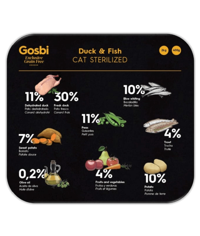 Gosbi - Exclusive, Duck and Fish Sterilized Adult Dry Cat Food, Grain-Free Formula - 400g, 2kg