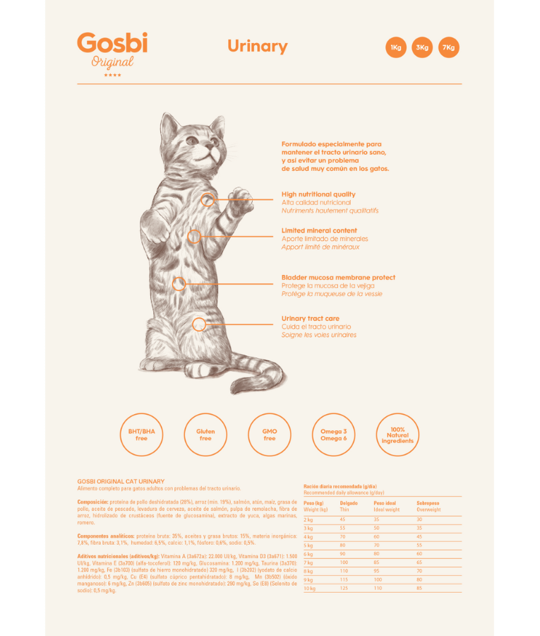 Gosbi - Original, Chicken, Salmon, and Tuna, Adult Dry Cat Food – Sterilized, Urinary Care 1kg-3kg-7kg