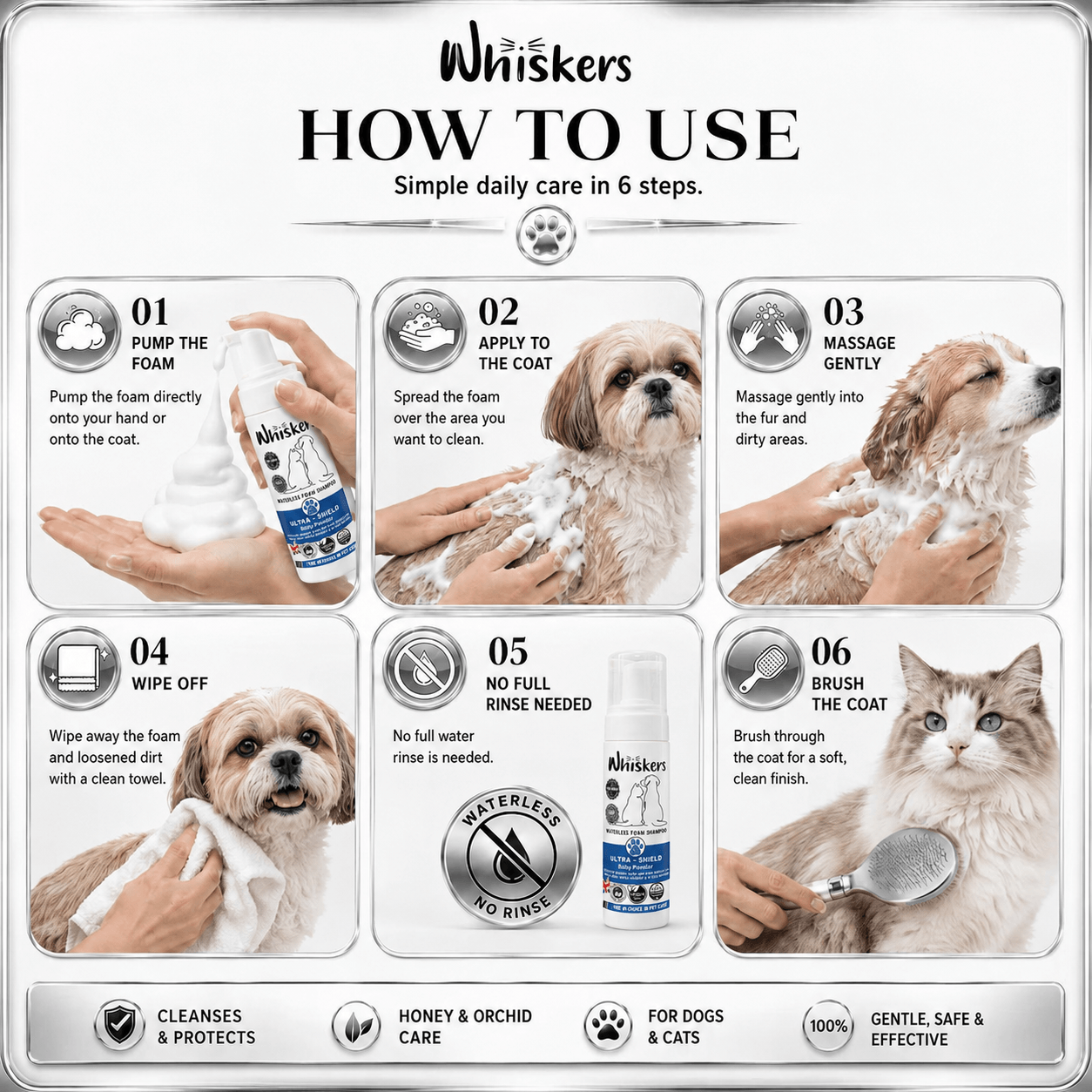 Whiskers Foam Shampoo – Baby Powder for Dogs & Cats