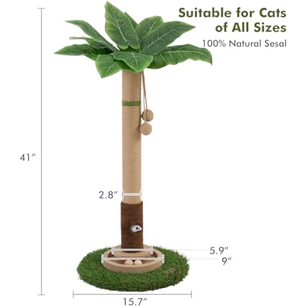 Tropical Palm Tree Cat Scratching Post - 41" Sisal Cat Tree with Turf Base
