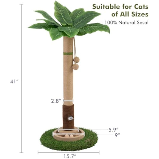 Tropical Palm Tree Cat Scratching Post - 41" Sisal Cat Tree with Turf Base