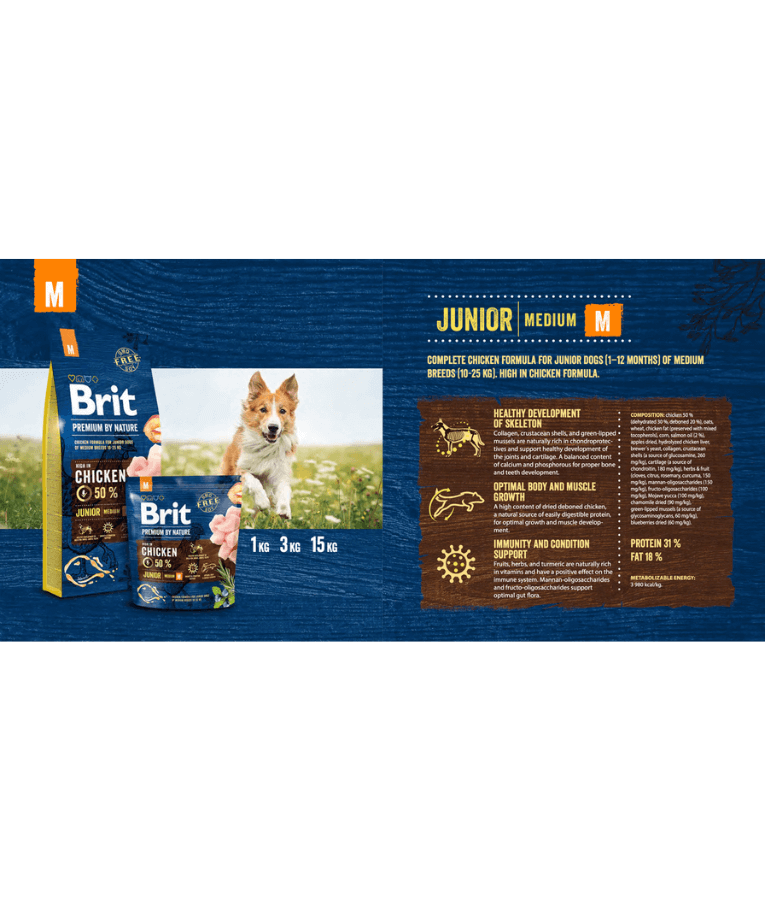 Brit Premium - By Nature Junior Chicken, Joint Support, Junior Medium Breed, Dry Dog Food - 3kg - 15kg