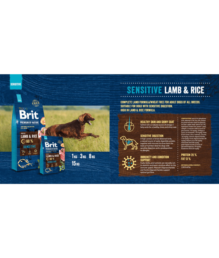 Brit Premium - By Nature Sensitive Lamb & Rice, Wheat-Free, Adult, All Breeds, Dry Dog Food - 8kg - 15kg