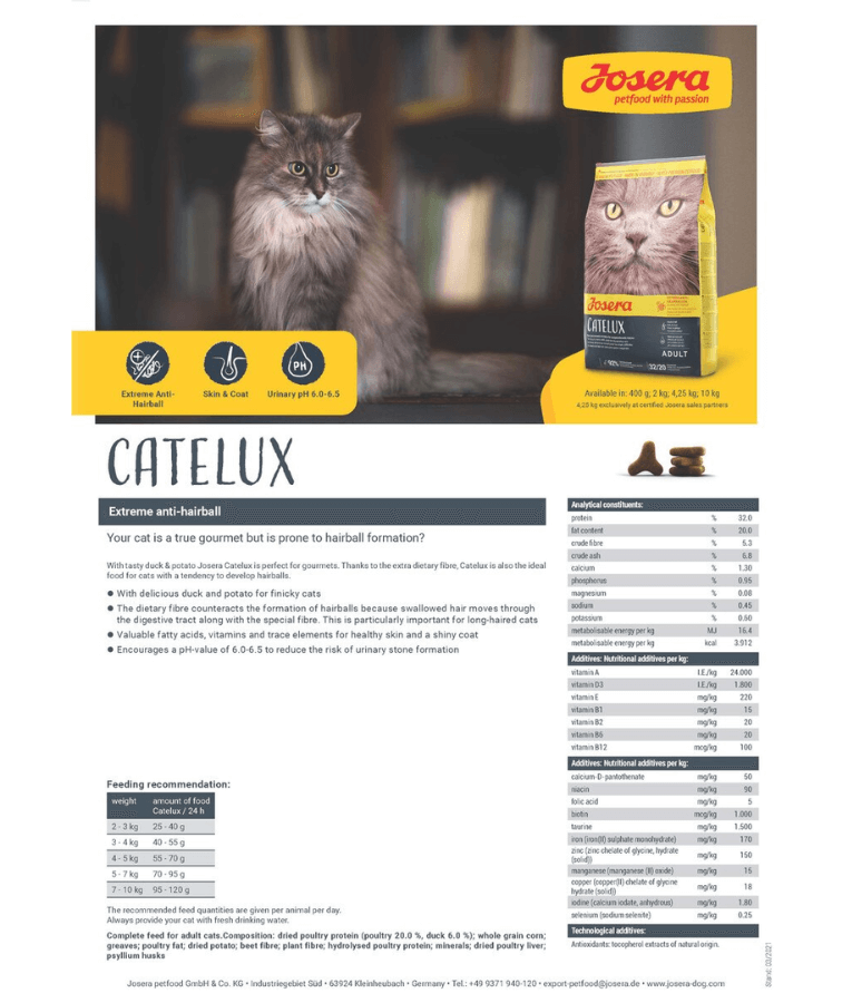 Josera – Catelux Dry Cat Food – Duck Formula for Hairball Control, Skin & Coat Health, and Urinary Support – Perfect for Finicky Cats, 2kg