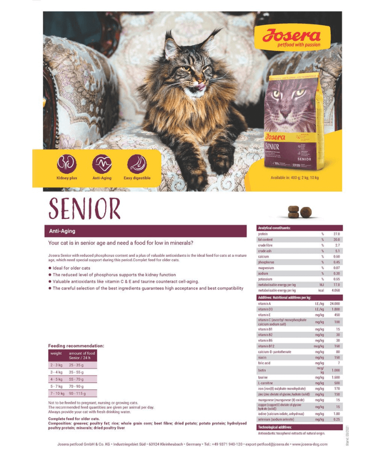Josera – Senior Dry Cat Food – Poultry Formula for Older Cats with Kidney Support, Antioxidants & Longevity Boost – 2kg