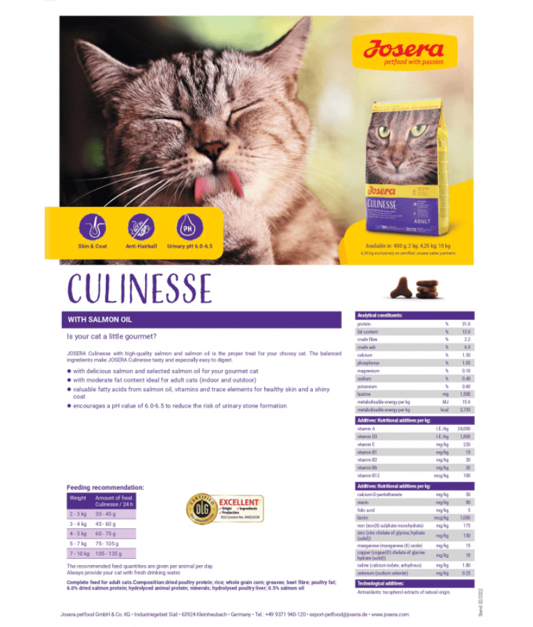 Josera – Culinesse Dry Cat Food – For Finicky Cats, Skin & Coat Health, Hairball Control & Urinary Support – 2kg