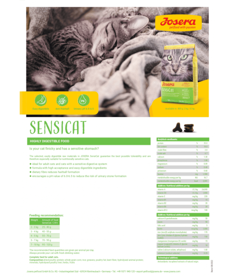 Josera – Sensicat Dry Cat Food for Sensitive Cats – Hairball Control & Urinary Health - 2kg