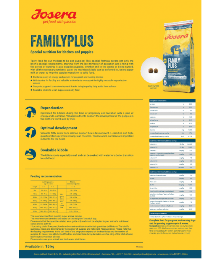 Josera - Family Plus Mother & Puppy, Salmon & Rice, Pregnancy & Puppy Growth, High Energy & Protein, Gluten-Free - 12.5 kg