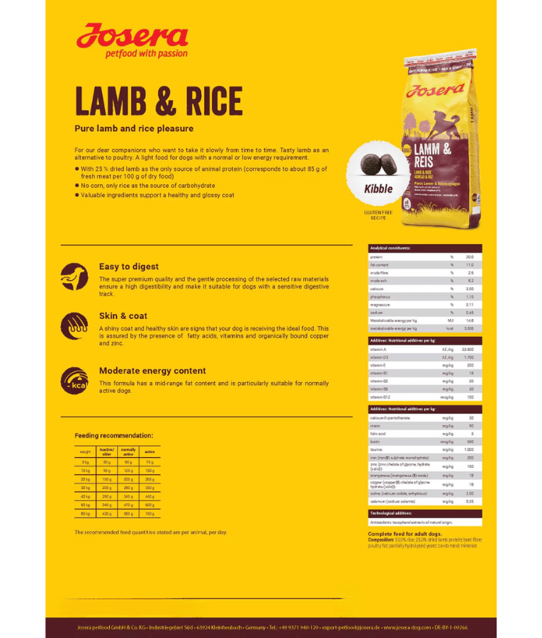 Josera - Lamb & Rice, Gluten-Free Monoprotein with Lamb, Low-Fat Sensitive Stomach Dry Dog Food for Adult All Breed Sizes - 900 g -12.5kg