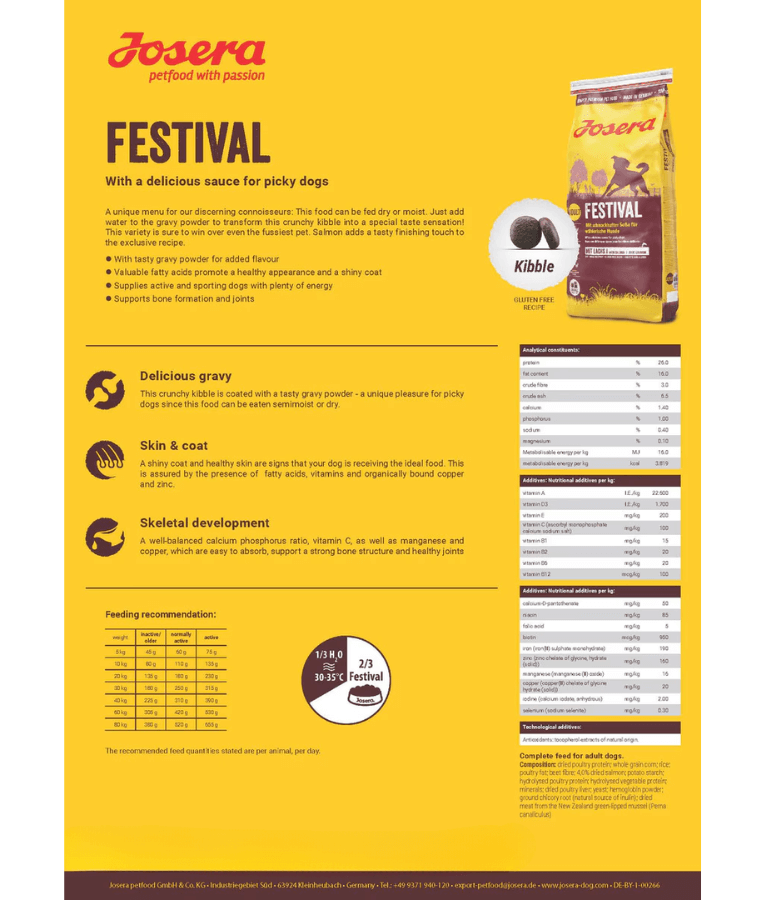 Josera - Festival Dry Dog Food – Gluten-Free Salmon & Chicken, Skin & Coat Support – 12.5 kg
