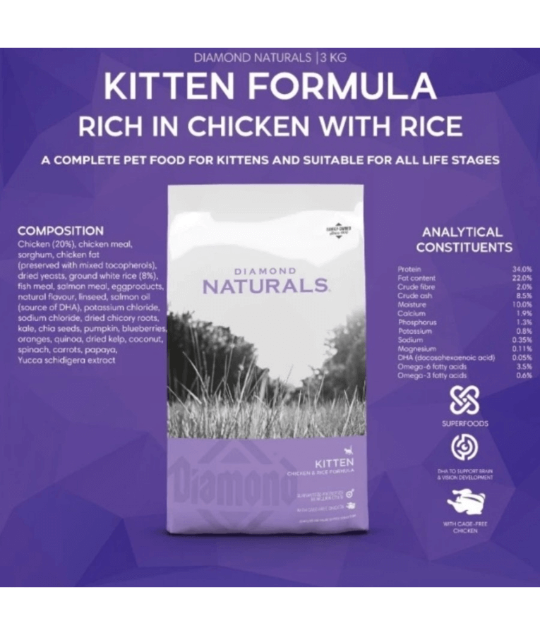 Diamond Naturals – Indoor Kitten & Nursing Mother Cat Food with Chicken – 3kg