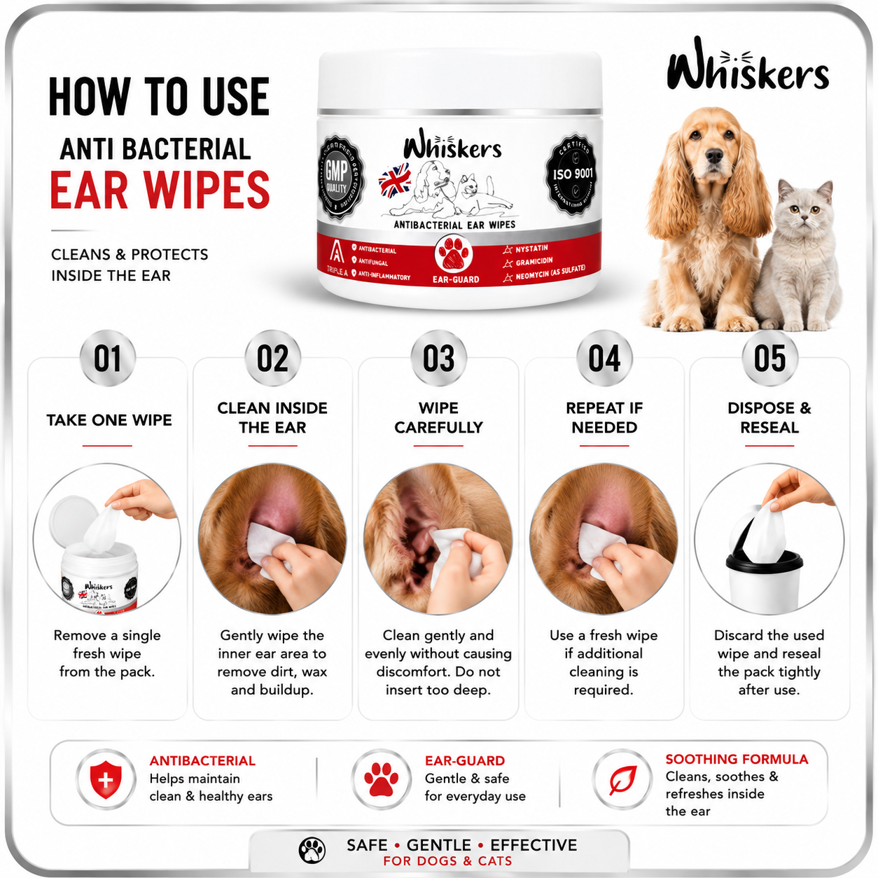 Whiskers Anti-Bacterial Ear Wipes for Dogs & Cats