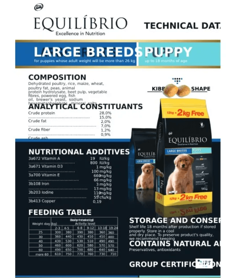 Equilibrio - Large Breed, Puppy Dry Dog Food, With Chicken - 14kg