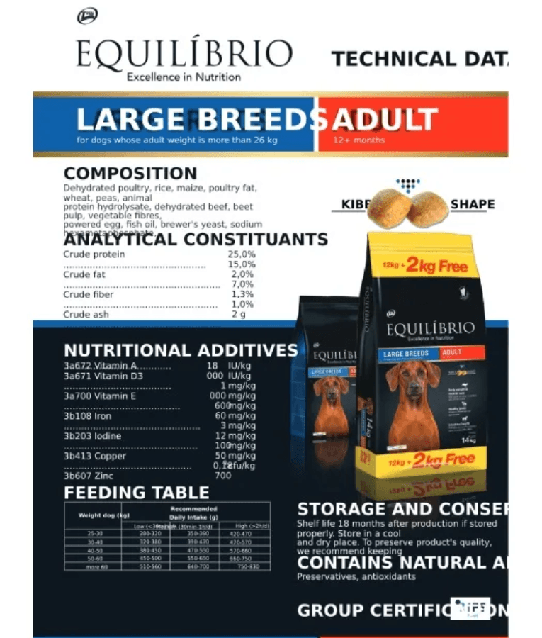 Equilibrio - Large Breed, Adult Dry Dog Food With Poultry - 2kg, 12kg