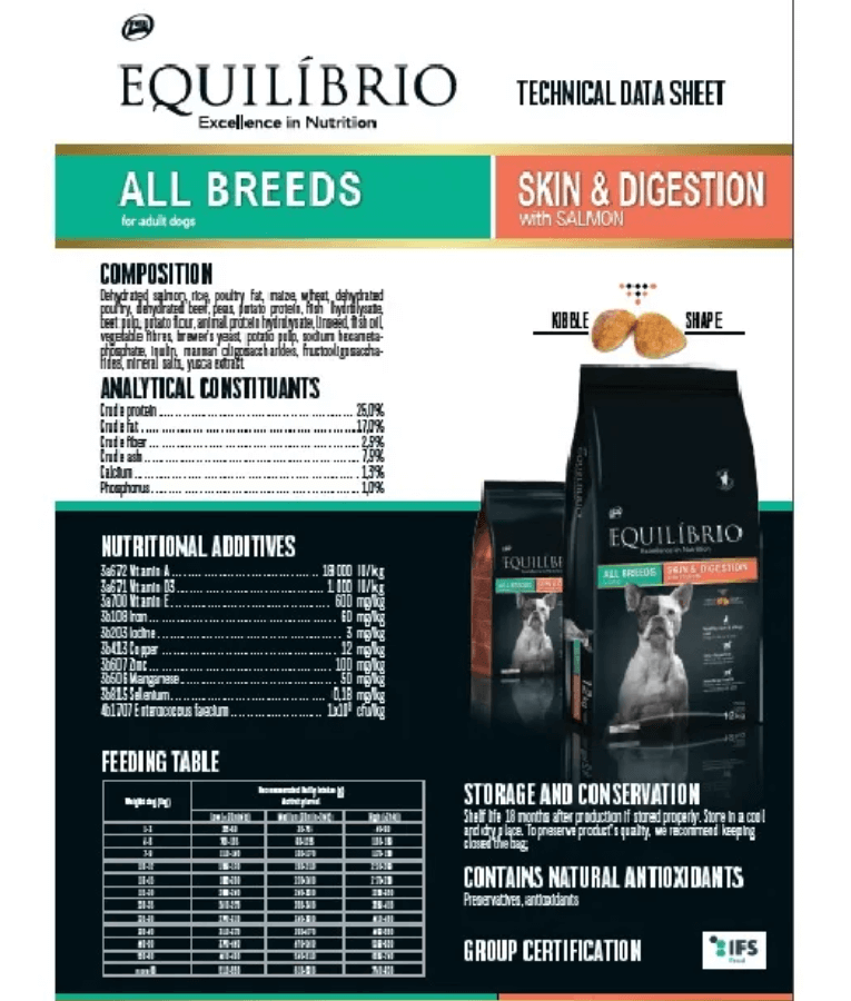 Equilibrio - Skin & Digestion, Adult Dry Dog Food, For All Breeds, With Salmon - 2kg, 12kg