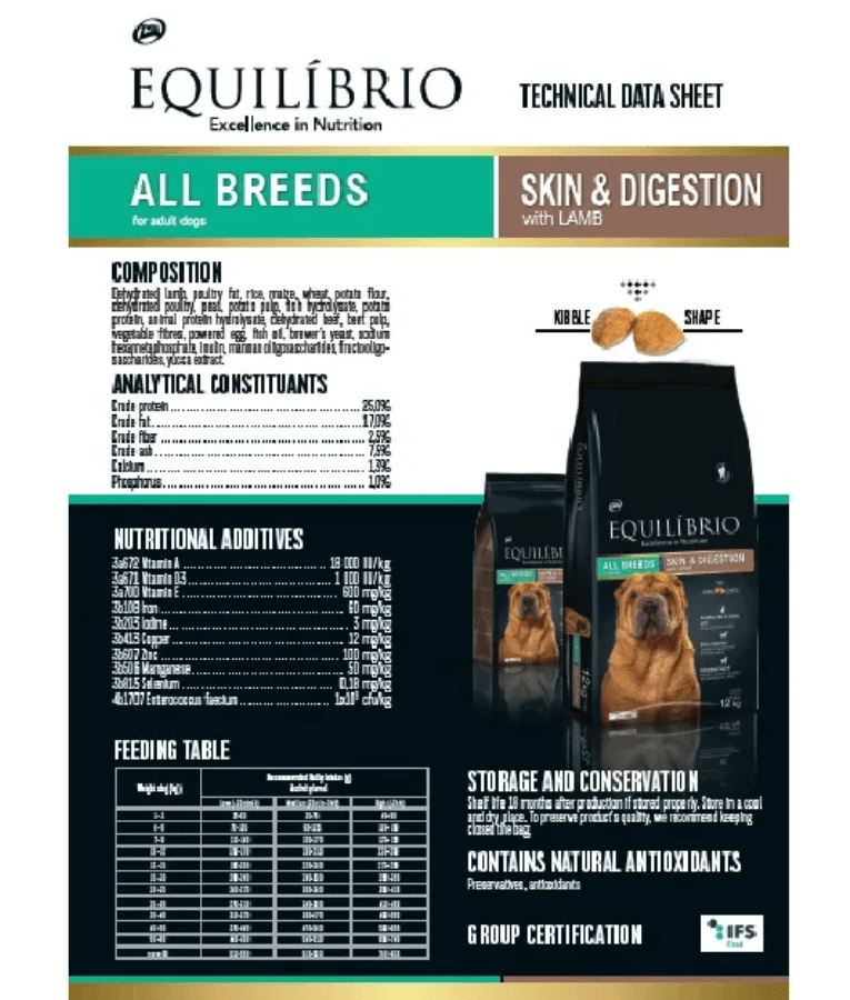 Equilibrio - Skin & Digestion, Lamb Adult Dry Dog Food - 2kg, 12kg