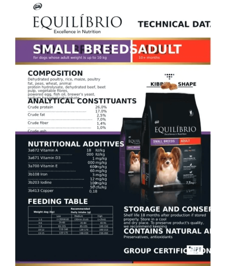 Equilibrio - Small Breed, Adult Dry Dog Food, With Poultry - 2kg, 7.5kg