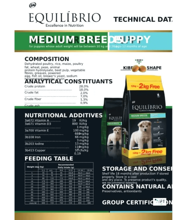 Equilibrio - Medium Breed, Puppy Dry Dog Food, With Chicken - 2kg, 12kg