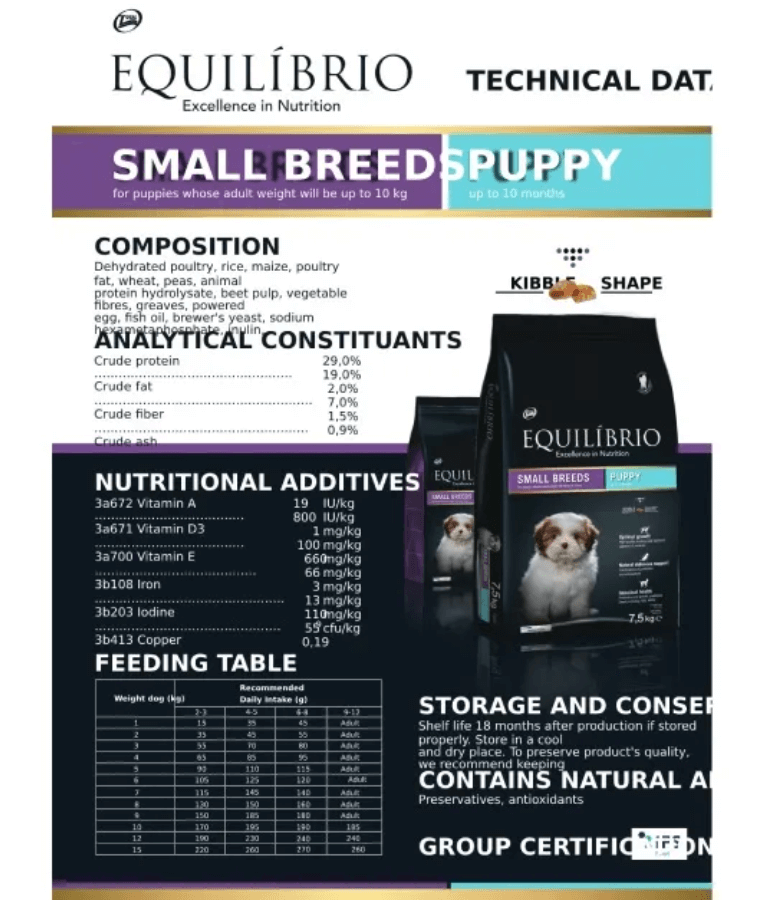 Equilibrio - Small Breed, Puppy Dog Dry Food, With Chicken - 2kg, 7.5kg