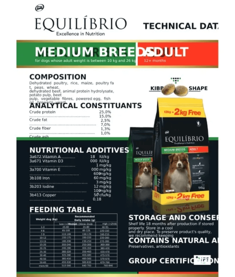 Equilibrio - Medium Breed, Adult Dry Dog Food, With Chicken - 2kg, 12kg