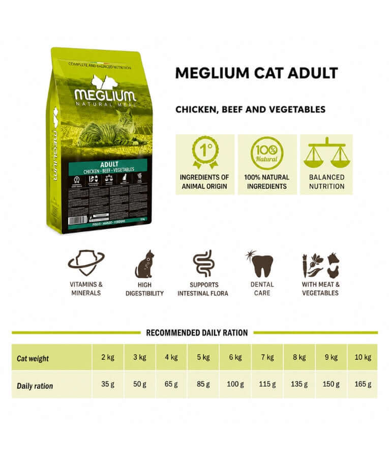Meglium - Natural Meal With Chicken, Beef & Vegetables, Complete Balanced Nutrition, Adult, Dry Cat Food - 1.5kg