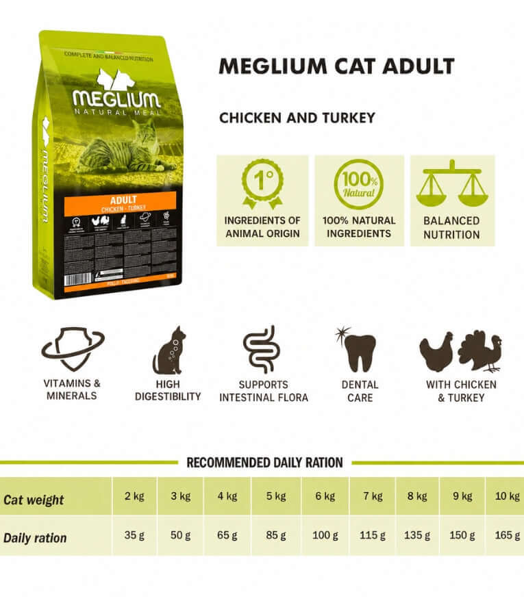 Meglium - Natural Meal With Chicken & Turkey, Complete Balanced Nutrition, Adult, Dry Cat Food - 1.5kg - 10kg