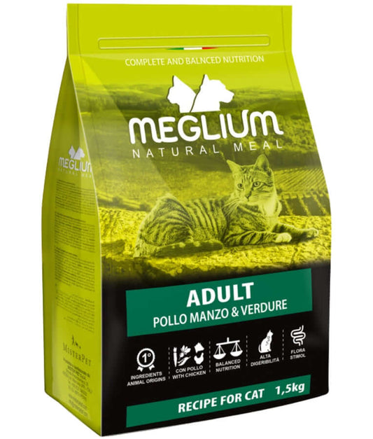 Meglium - Natural Meal With Chicken, Beef & Vegetables, Complete Balanced Nutrition, Adult, Dry Cat Food - 1.5kg