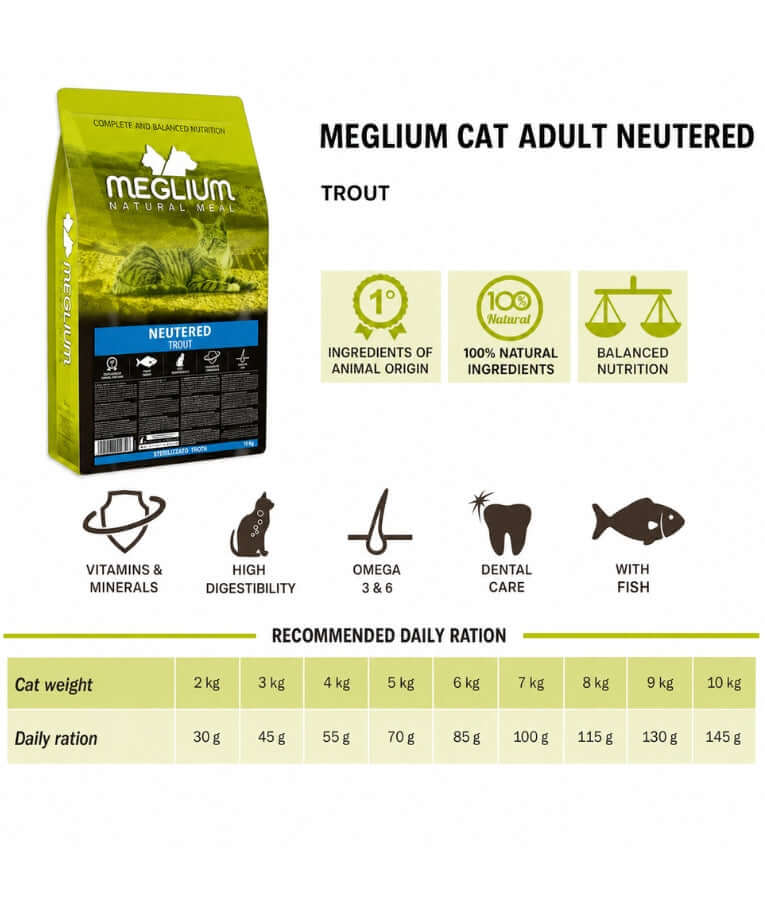 Meglium - Natural Meal With Trout, Sterilised High-Protein Formula, Adult, Dry Cat Food - 1.5kg