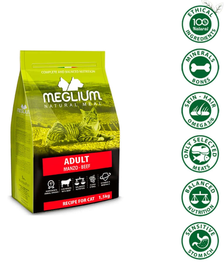 Meglium - Natural Meal With Beef, Complete Balanced Nutrition, Adult, Cat Dry Food - 10kg
