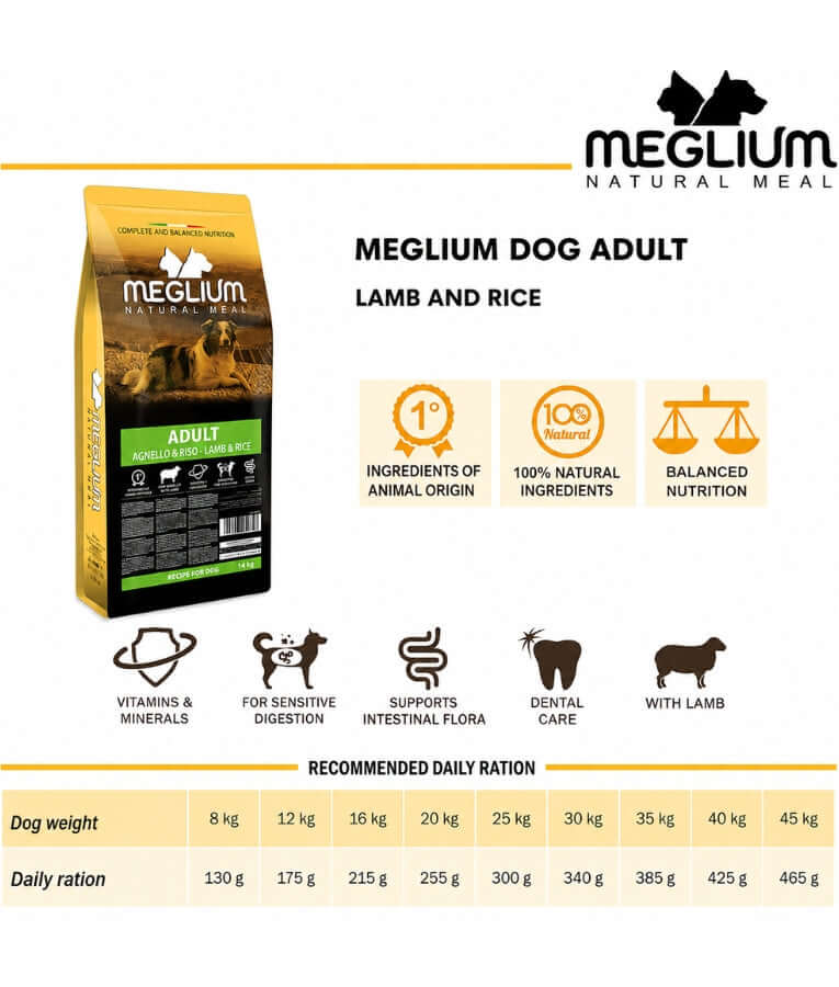 Meglium - Natural Meal With Lamb & Rice, Sensitive Digestion Formula, Adult, Dry Dog Food - 14kg
