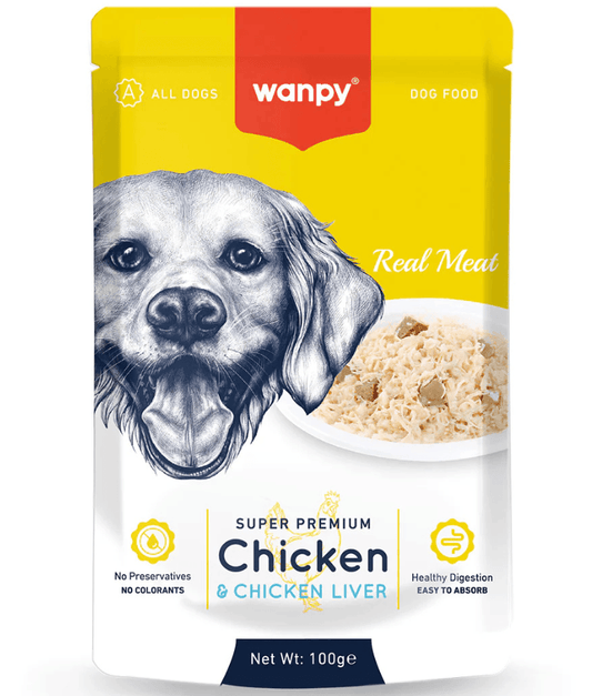 Wanpy - Pouch Chicken & Liver Fillet,  Wet Dog Food, Chicken, Chicken Liver, Easy Digestion, All Life Stages, All Breed Sizes - 100 g